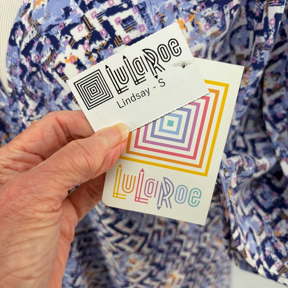 LuLaRoe Lindsay Kimono Cardigan Geometric Diamond Abstract Blue Purple Small - Picture 3 of 7